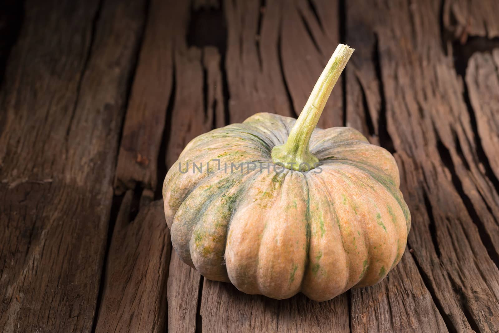 pumpkins on old wooden boards background Closeup.
