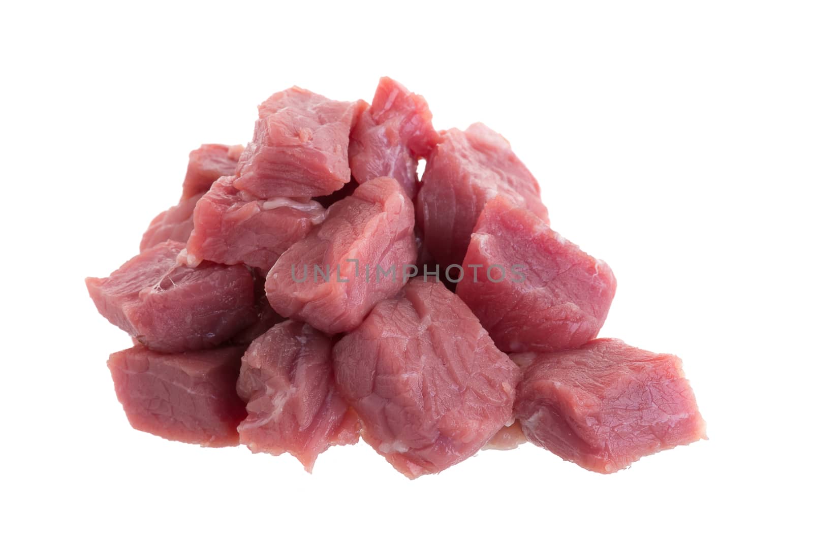 fresh raw beef cubes isolated on white background.