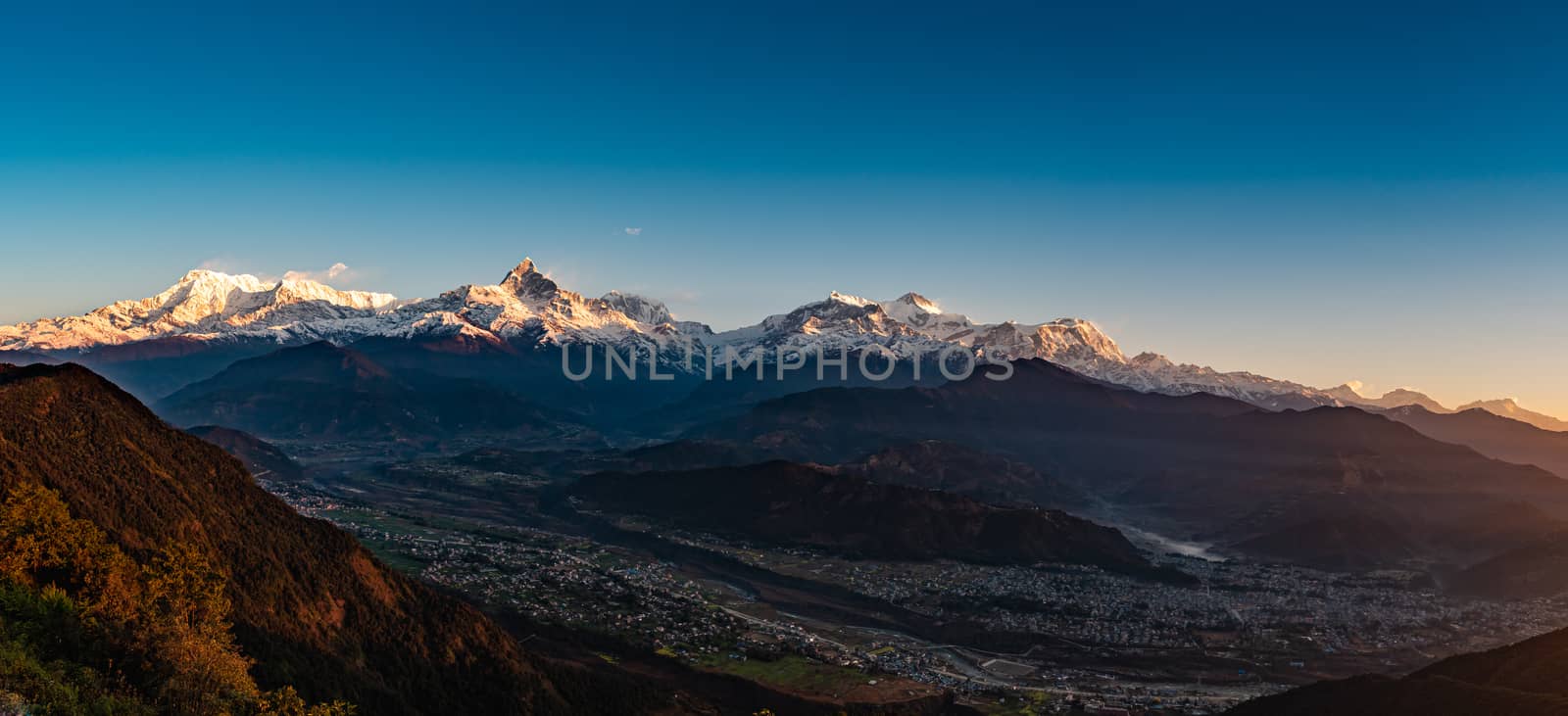 view of Annapurna Range with sacred Machapuchare Peak