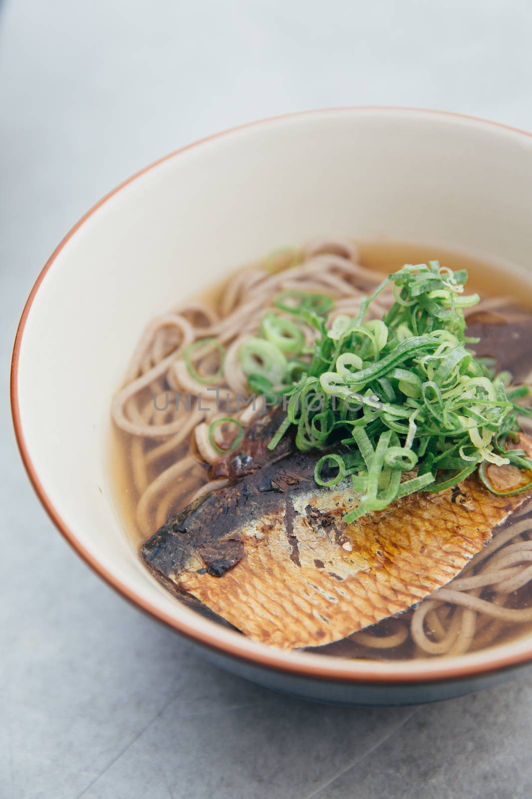 Soba noodles soup with Mackerel or Saba in Japanese on film vintage style japanese food