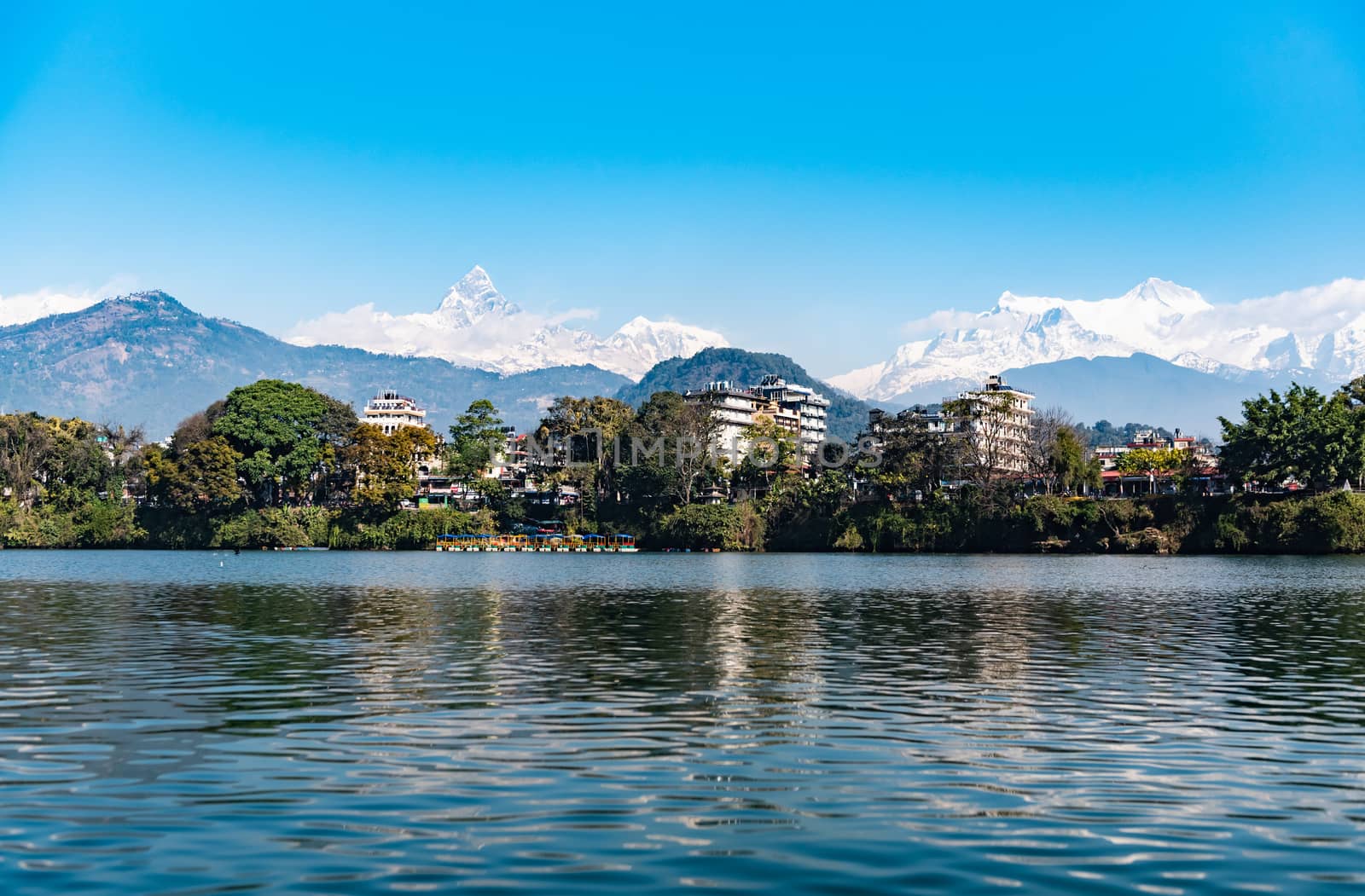 View at Annapurna mountain range in Phewa lake in Pokhara, Nepal by rayints