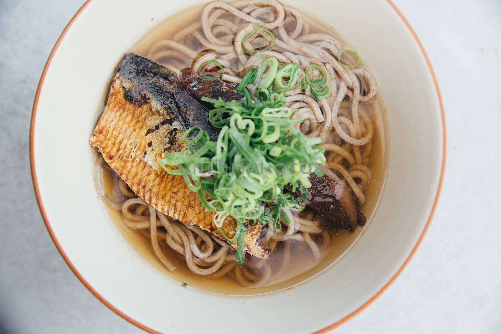Soba noodles soup with Mackerel or Saba in Japanese on film vintage style japanese food