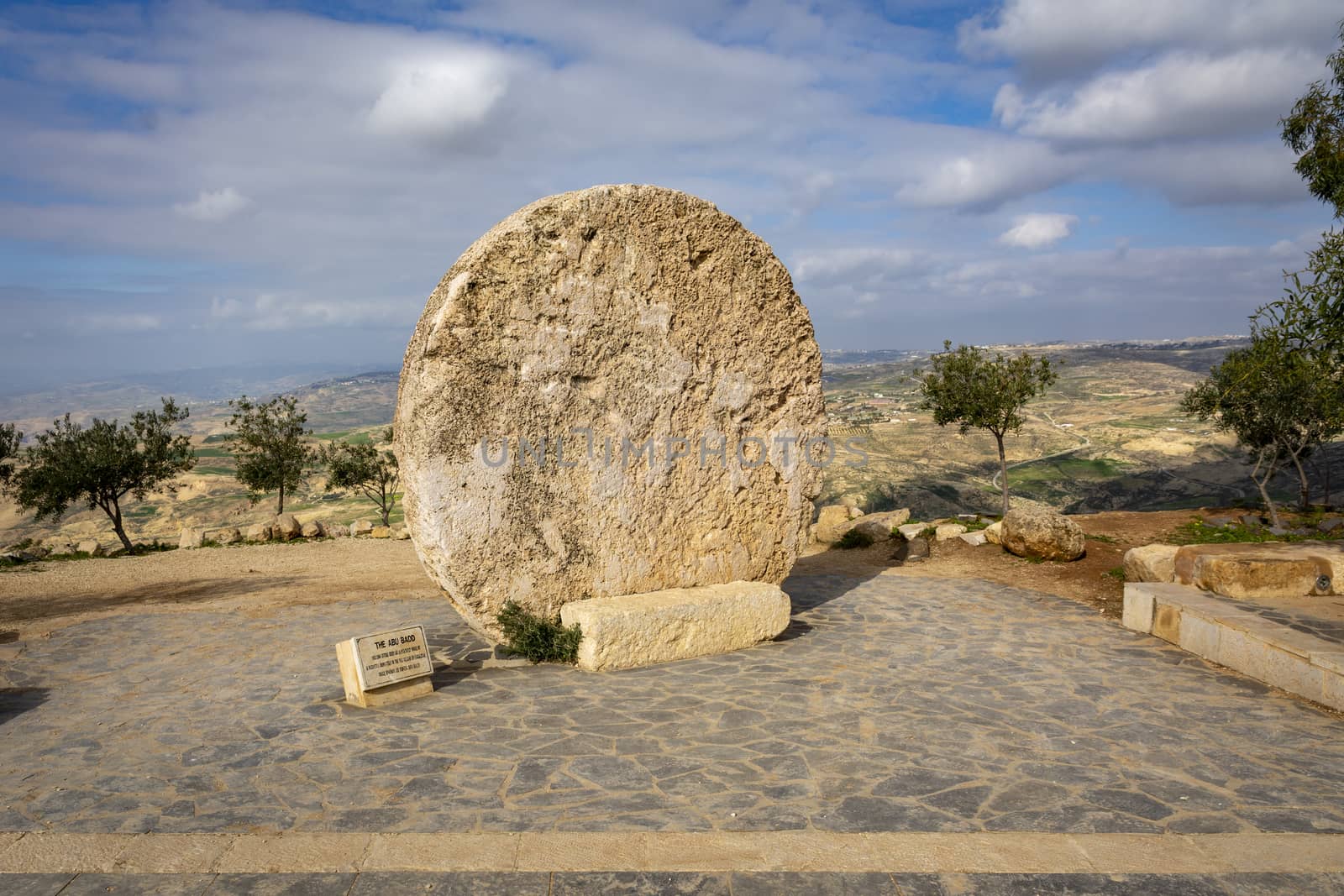 Mount Nebo, Jordan, March 2020: Abu Badd rolling wheel at Mount Nebo, Rolling stone used as the fortified door of a Byzantine monastery