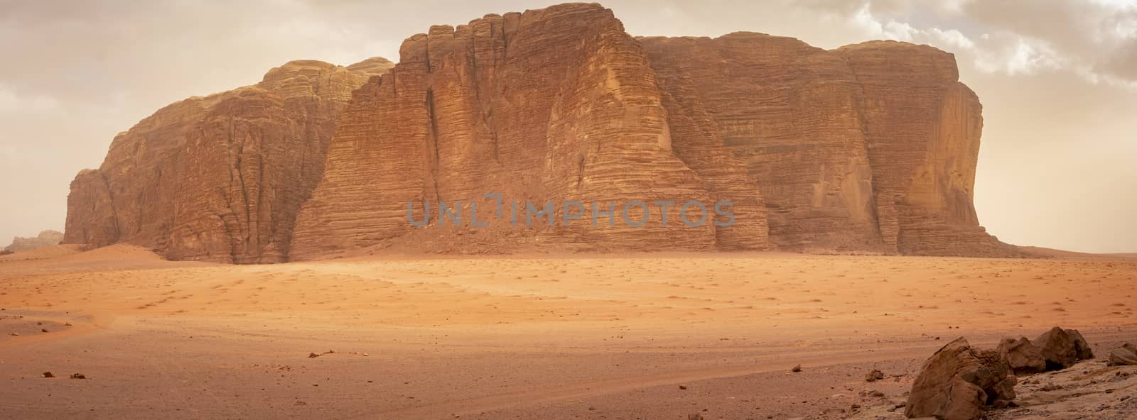 Panorama of Khazali’s mountain in the desert of Wadi Rum, Jordan. Travel and Tourism in Jordan