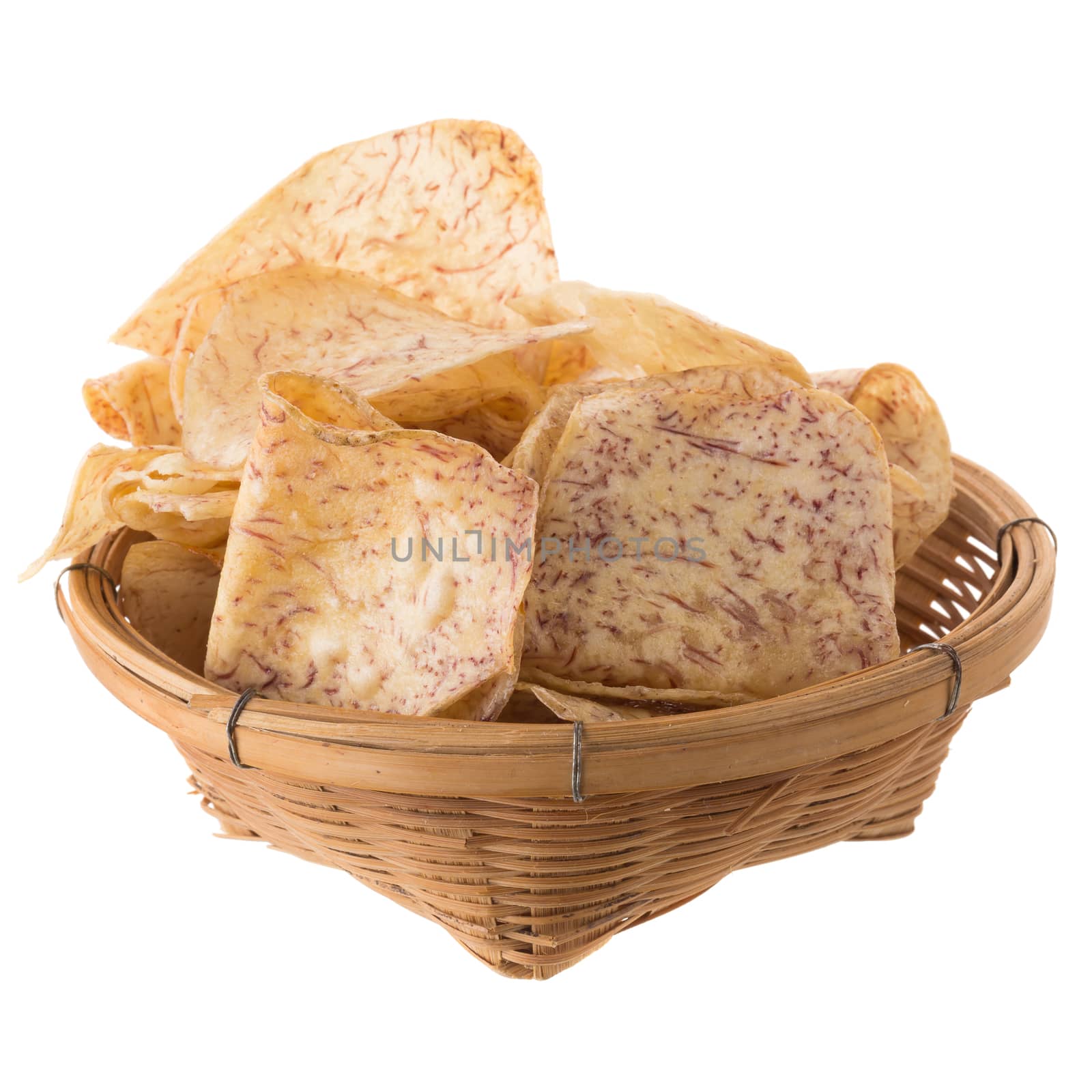 fried Taro slices Dip into the caramel In the basket isolated on white background.