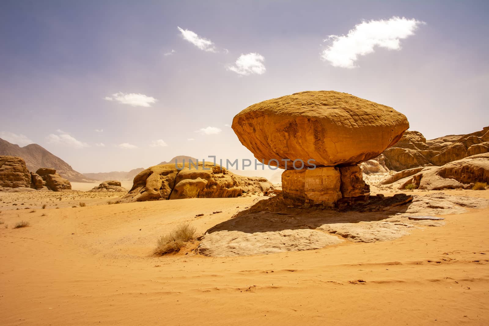 Mushroom rock at Wadi Rum desert in Jordan. Travel and Tourism in Jordan