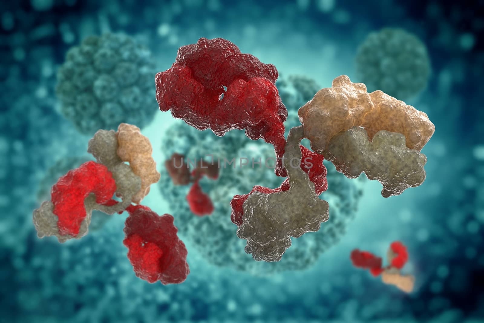 Antibodies to cell movement of the virus. 3D illustration.