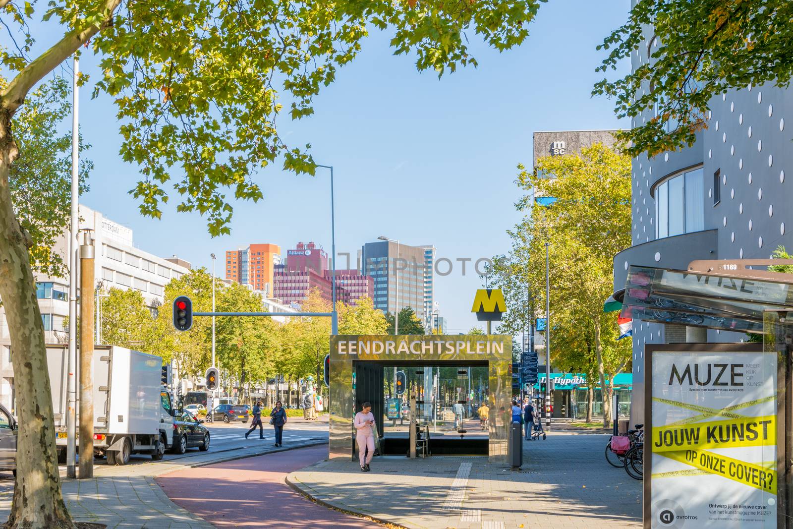 Rotterdam, Netherlands, September 2019: View on the Eendrachtsplein Metro station entrance in Rotterdam