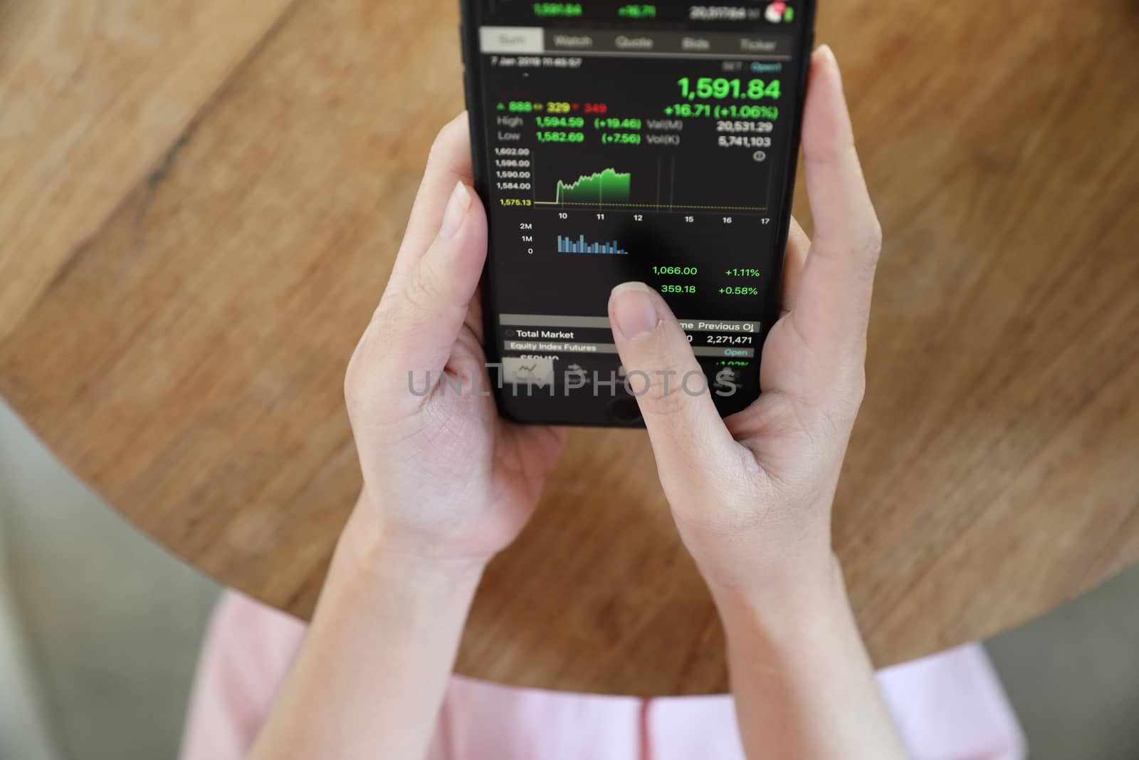 Female hand with smartphone trading stock online in coffee shop  by piyato