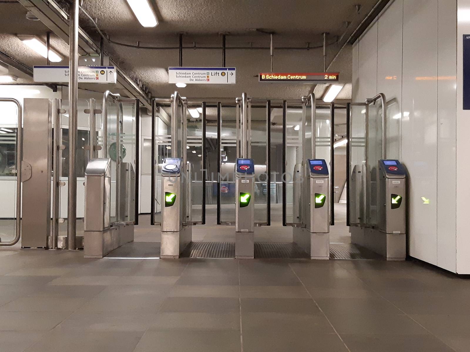 Rotterdam, Netherlands, September 2019: entrance gates with turnstiles of the subway in Rotterdam