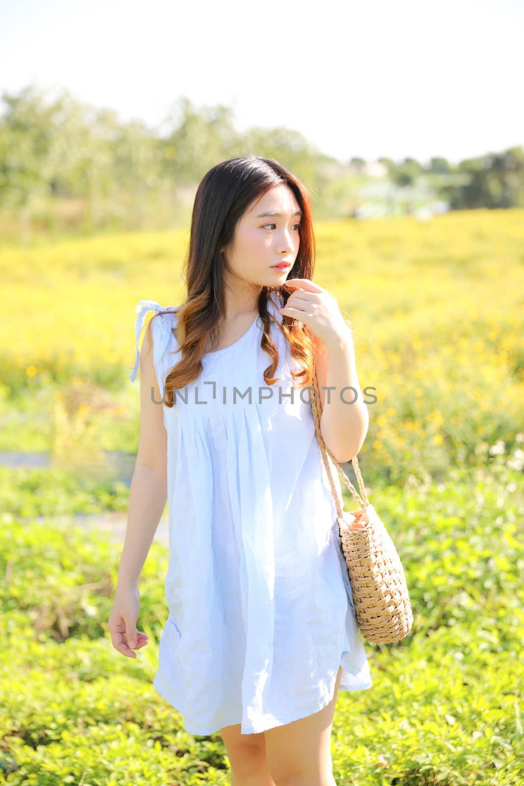 Portrait of Young Asian woman girl smile in flower garden