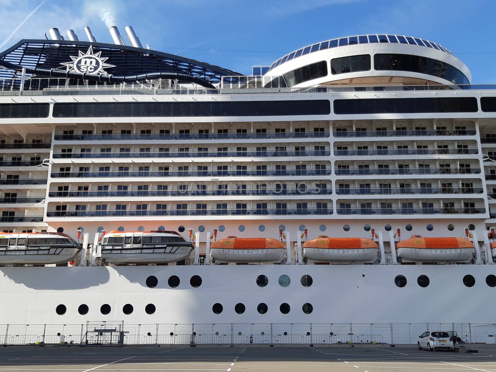 Rotterdam, Netherlands, September 2019: Side view of an MSC Cruise Ship on the quay of Rotterdam Cruise Terminal