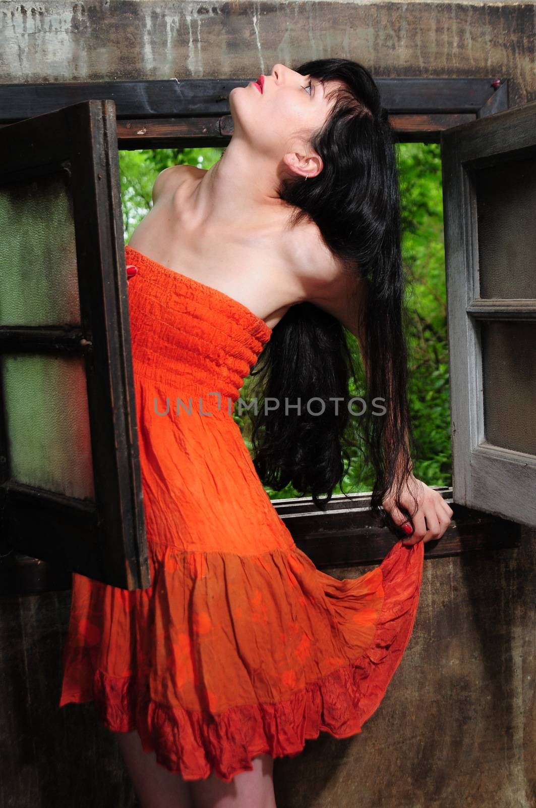 Gorgeous brunette woman at the window