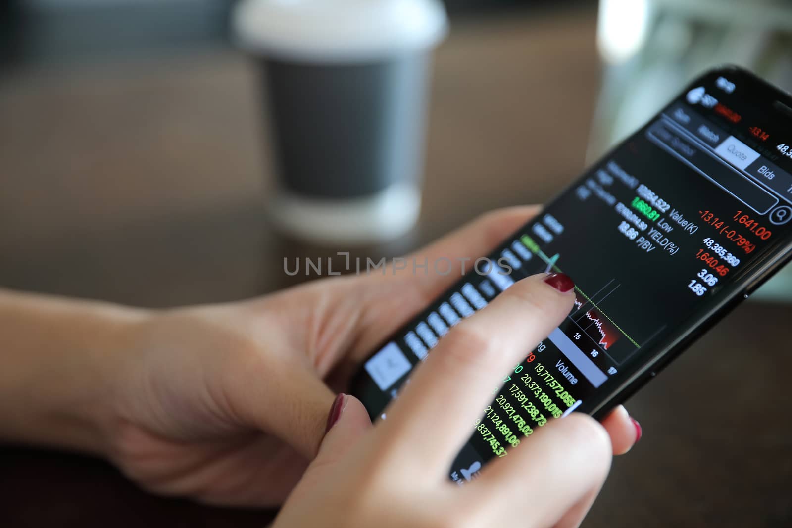 Female hand with smartphone trading stock online in coffee shop , Business concept