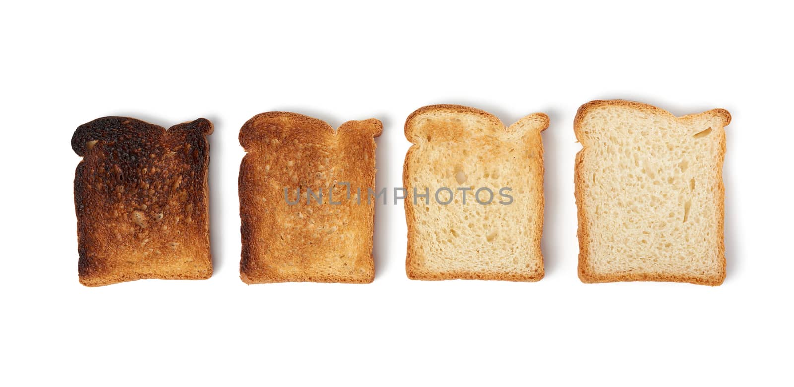 square slices of bread made from white wheat flour toasted in toaster, food of varying degrees of frying, set