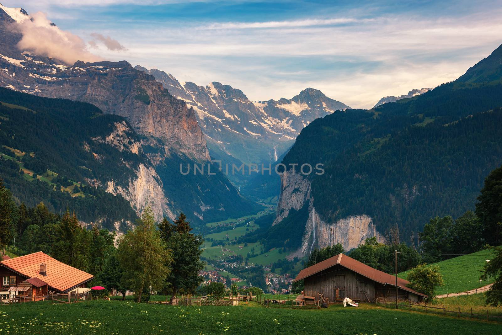 Lauterbrunnen valley located in the Swiss Alps near Interlaken in the Bernese Oberland of Switzerland, also known as the Valley of waterfalls. Cold evening. Viewed from the alpine village of Wengen.