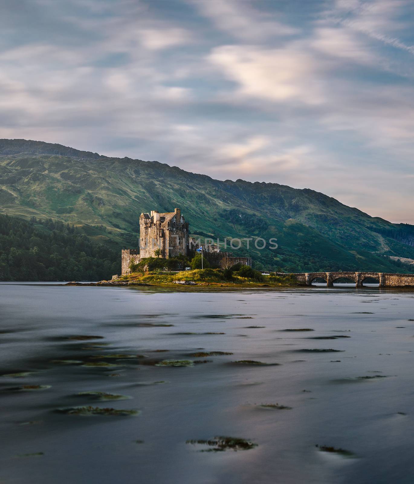 Eilean Donan Castle on Loch Duich in Scotland, United Kingdom. Long exposure.