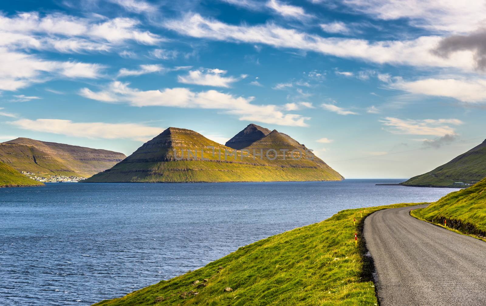 Island of Bordoy and city of Klaksvik viewed from the island of Kalsoy, Faroe archipelago, Denmark