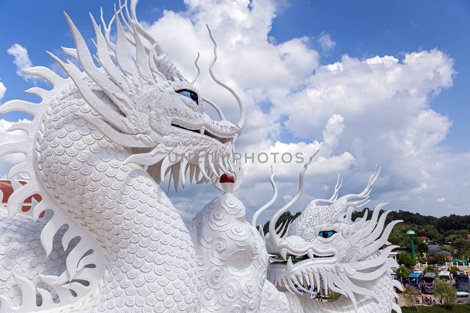 Dragon statue with blue sky and clouds sky at Huay Pla Kang Temple, Chiangrai, Thailand. by phanthit