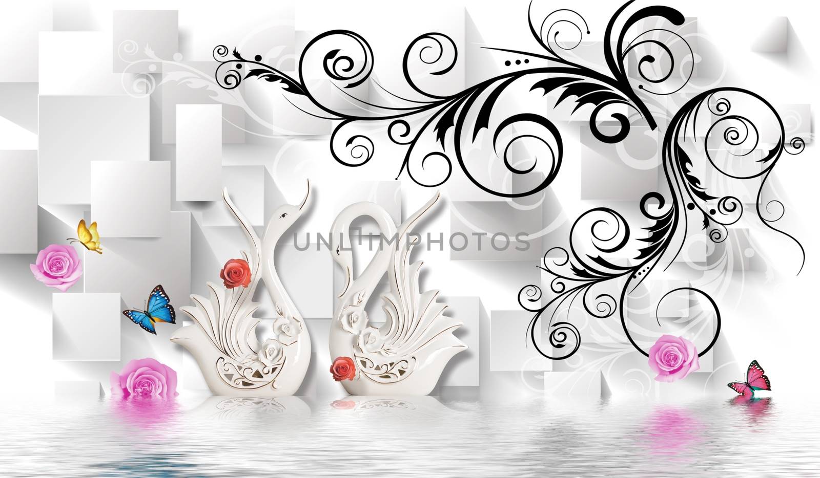 3d floral swan backgroun ilustration 