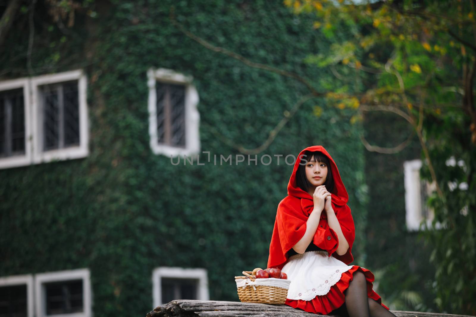 Portrait young woman with Little Red Riding Hood costume with apple and bread on basket in green tree park background