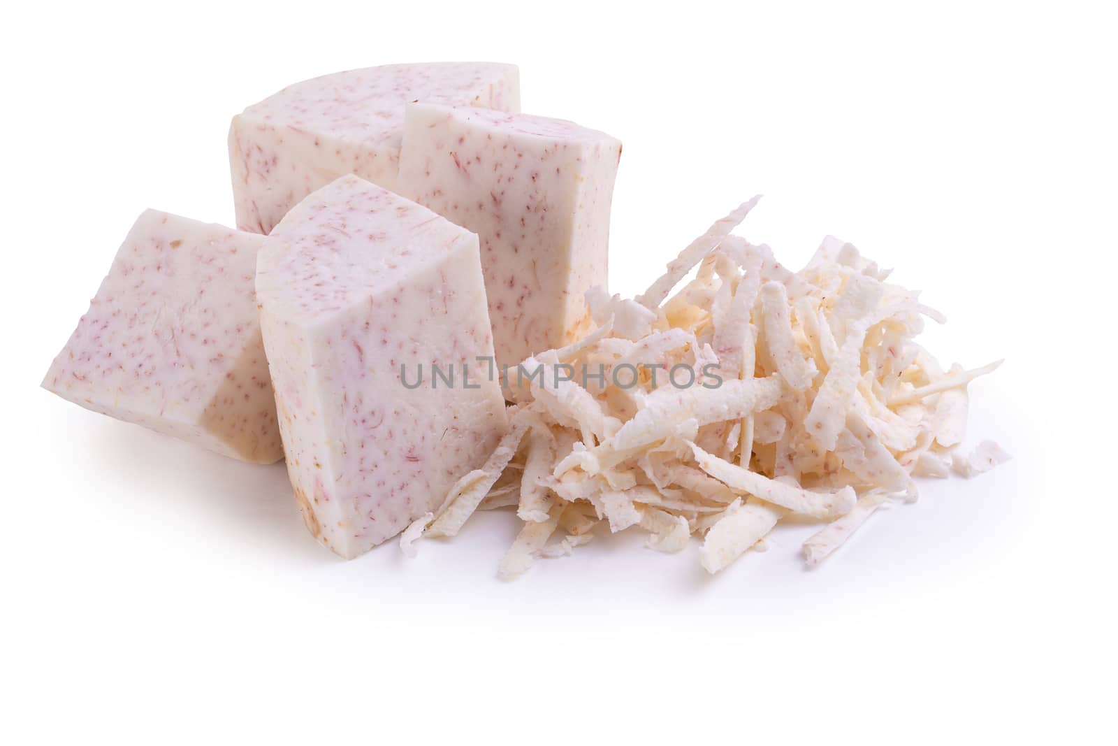 slice and cubes of taro root isolated on a white background