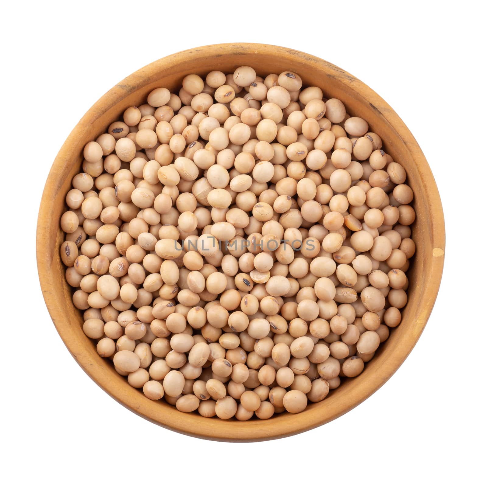 Soybean in a wooden bowl isolated on white background.