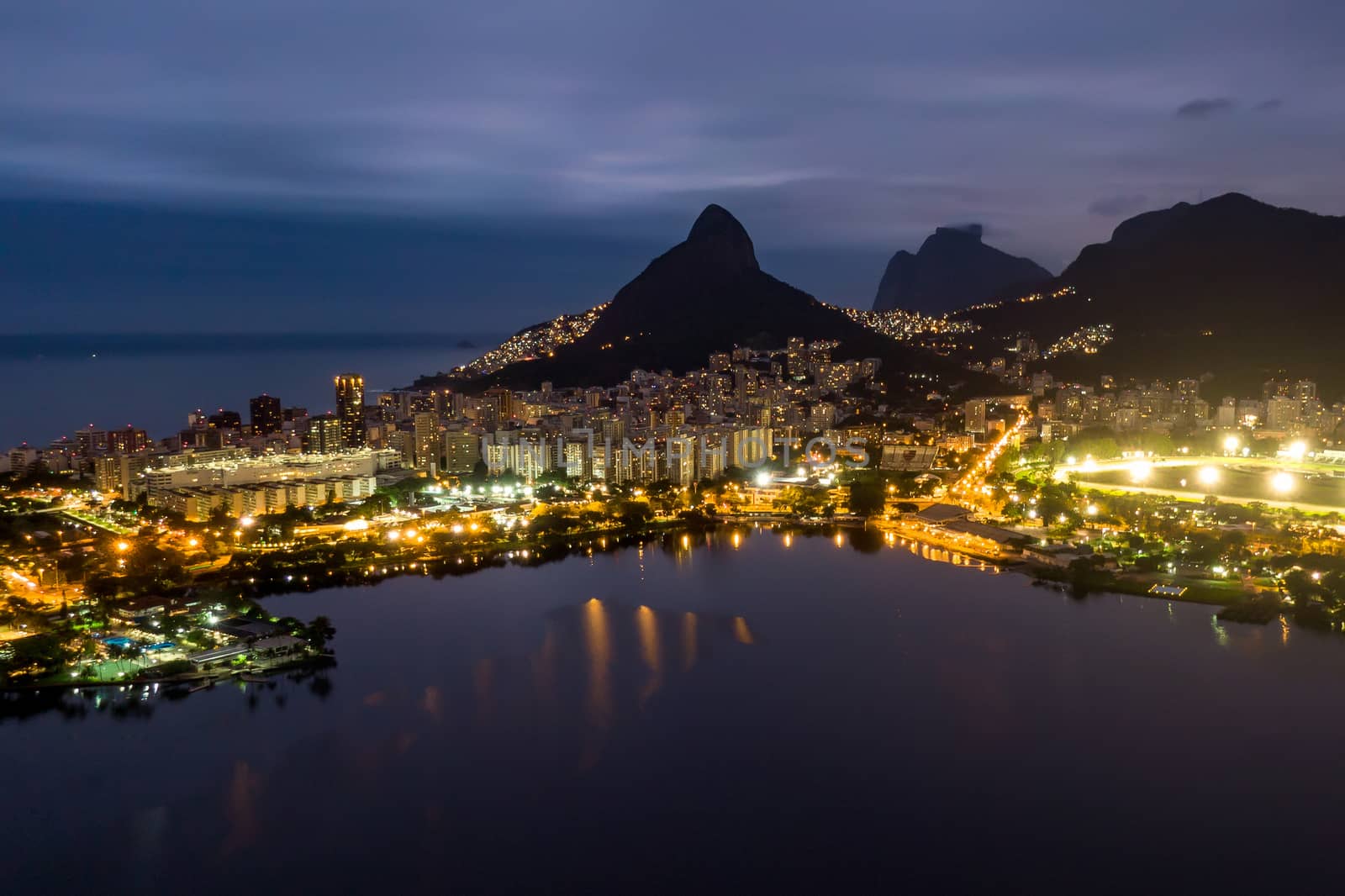 Elite Lagoa district in Rio de Janeiro. Night view from drone