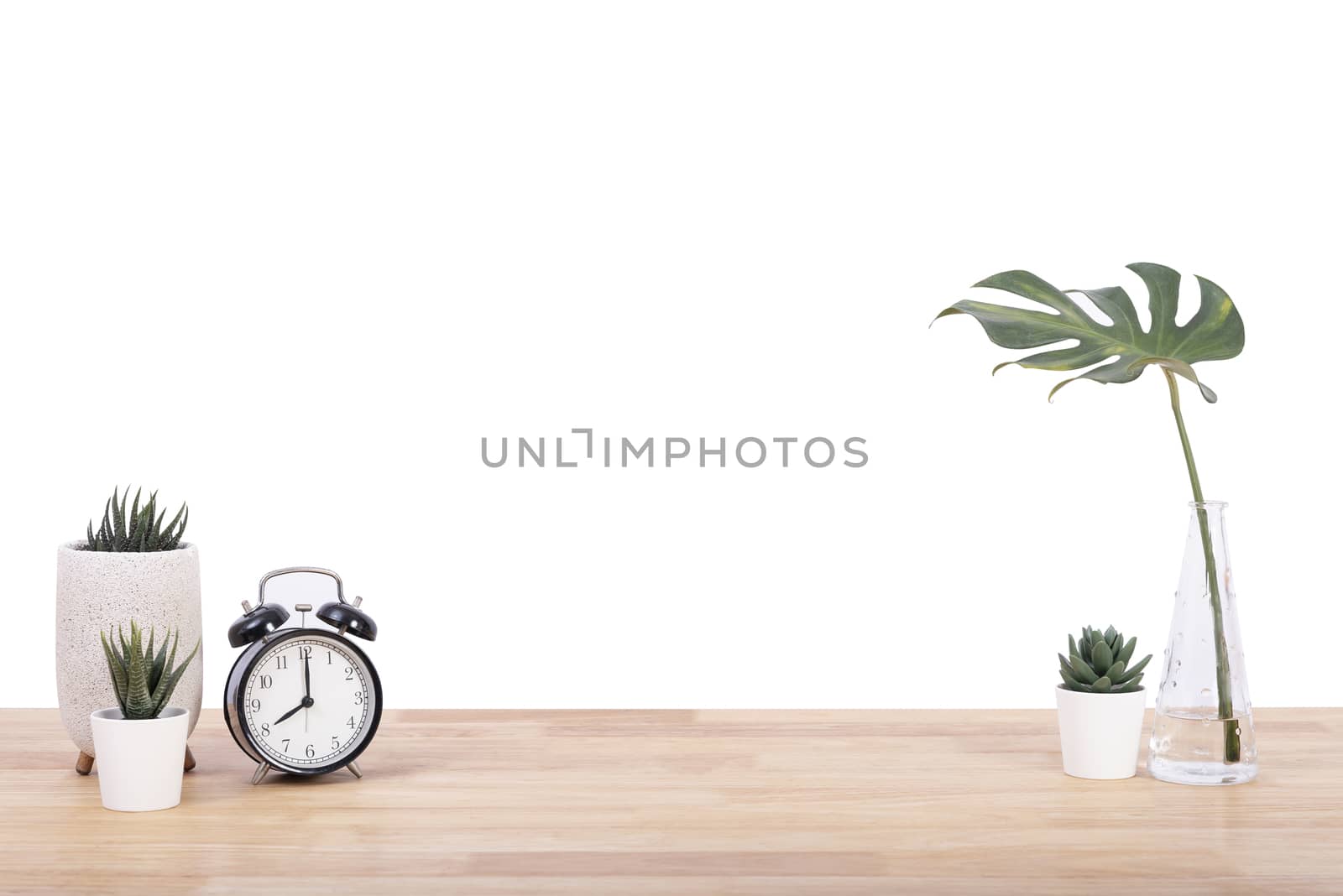 Empty wooden desk space over white background. Product display