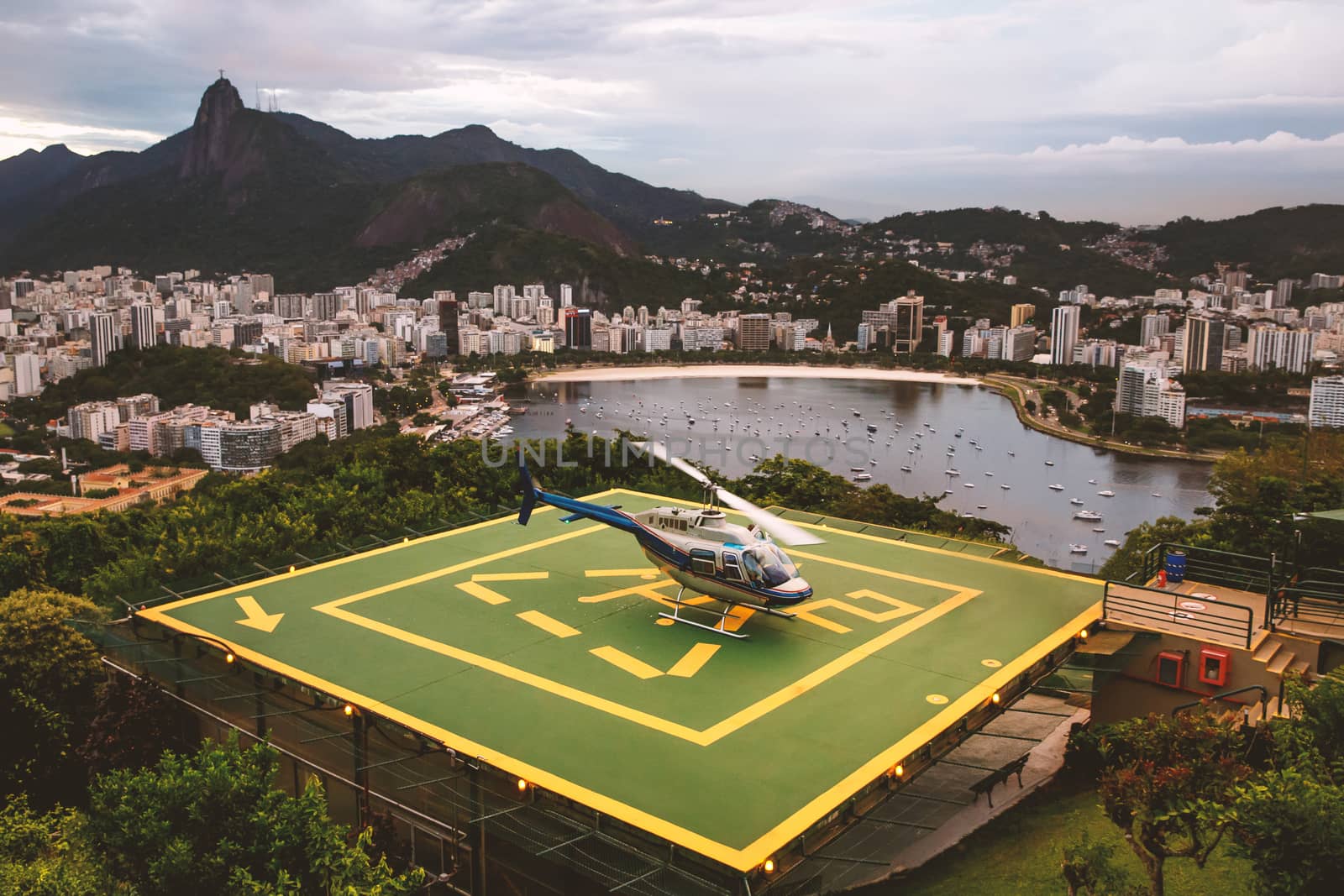 Helicopter at helipad in Rio de Janeiro, Brazil