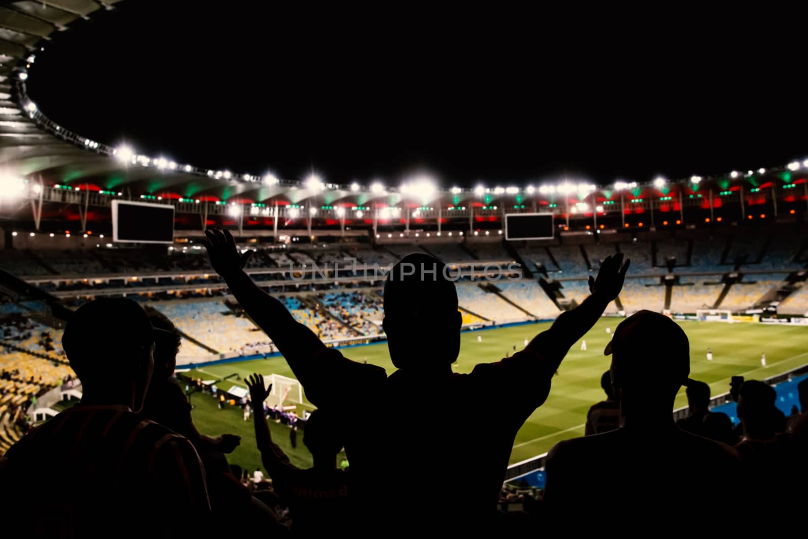 Football, soccer fan support their team and celebrate goal, score, victory. Black silhouette. by 9parusnikov