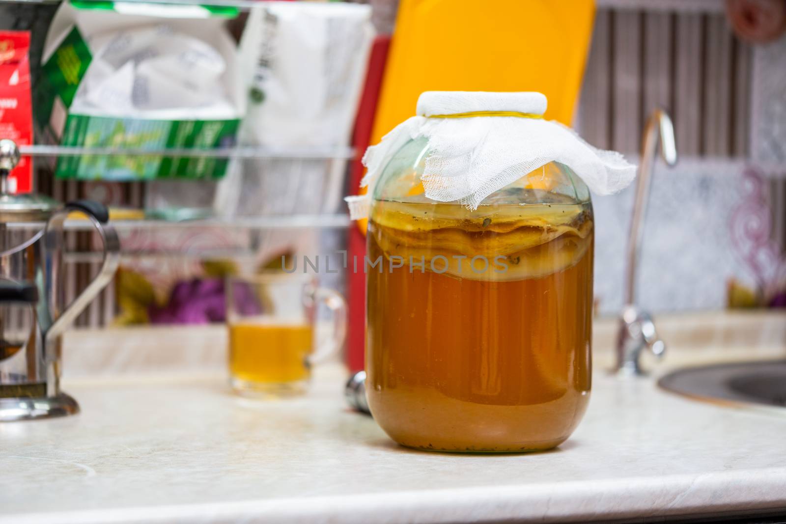 Homemade Kombucha Tea in glass jar on kitchen table - close-up with selective focus