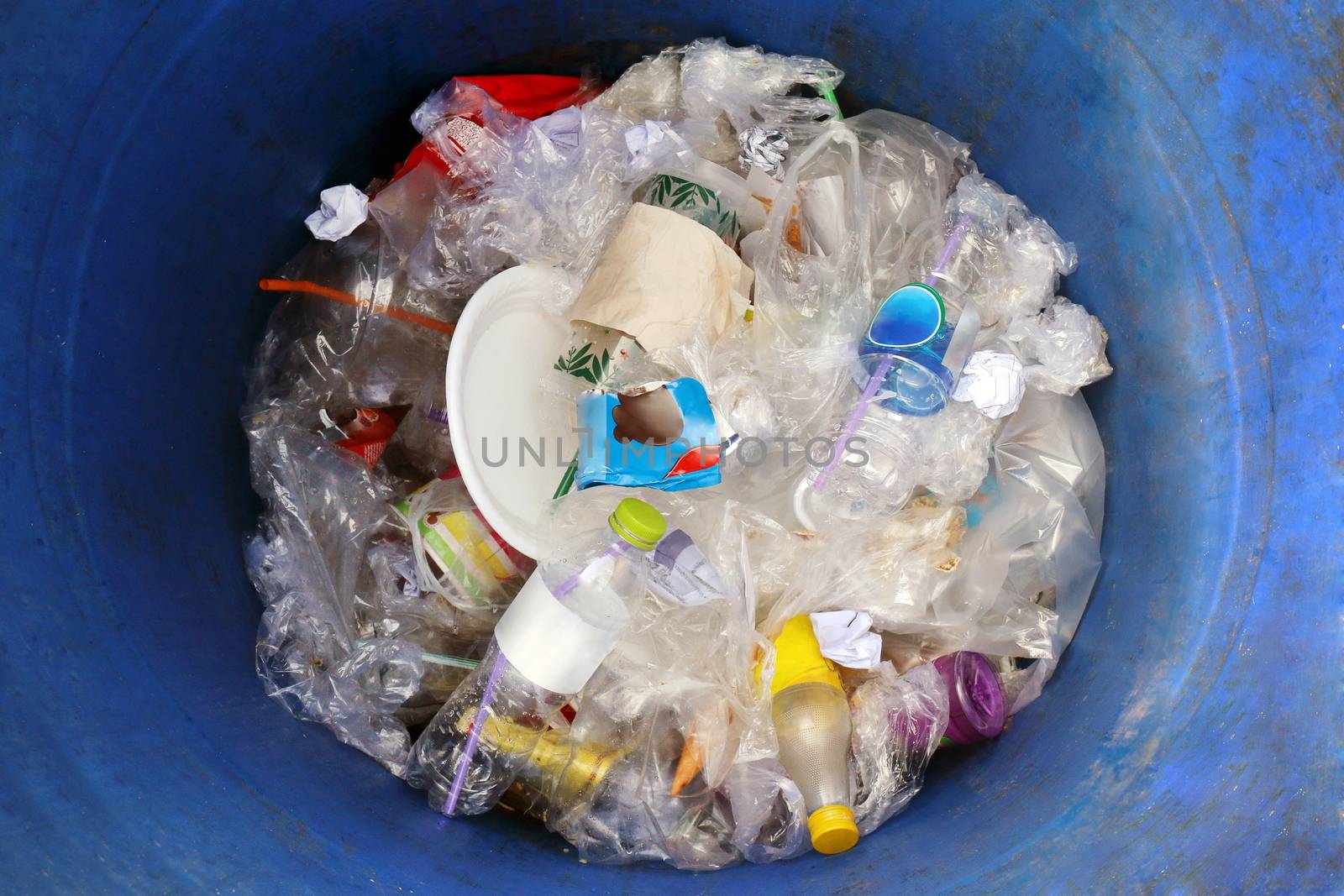 Waste, Bin garbage plastic bottle in the bin trash blue top view, Many garbage waste