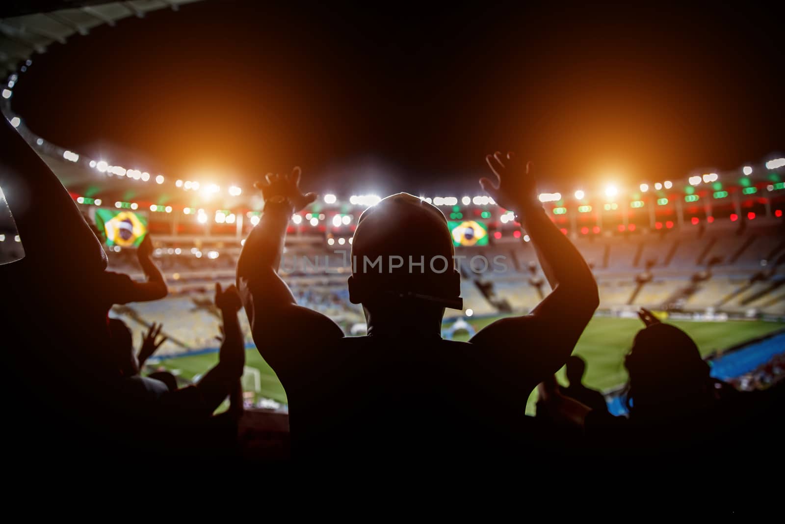 Silhouette of fan celebrating a goal on football match. Support team on soccer game.