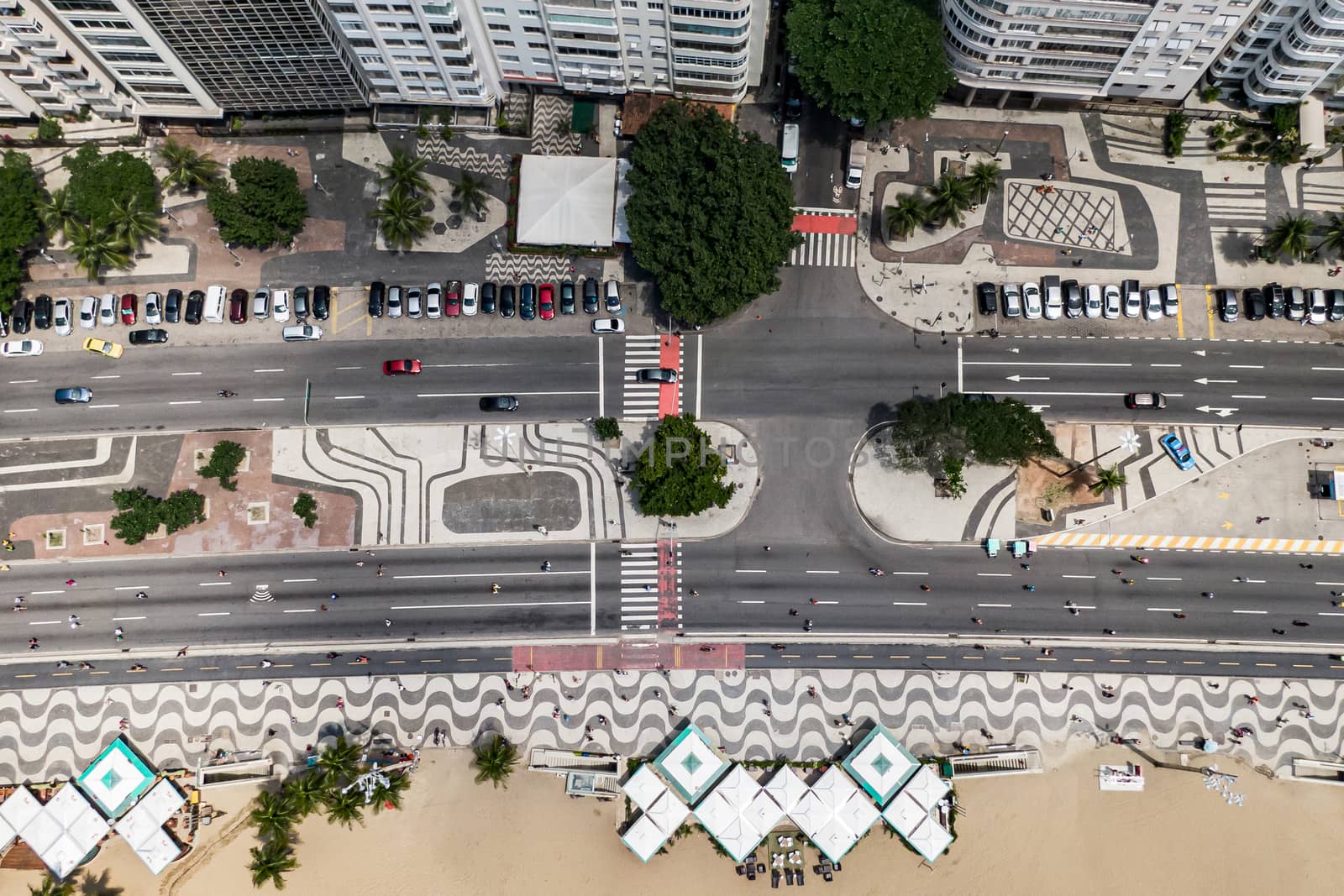 Top View of Copacabana beach with mosaic of sidewalk in Rio de Janeiro. Brazil