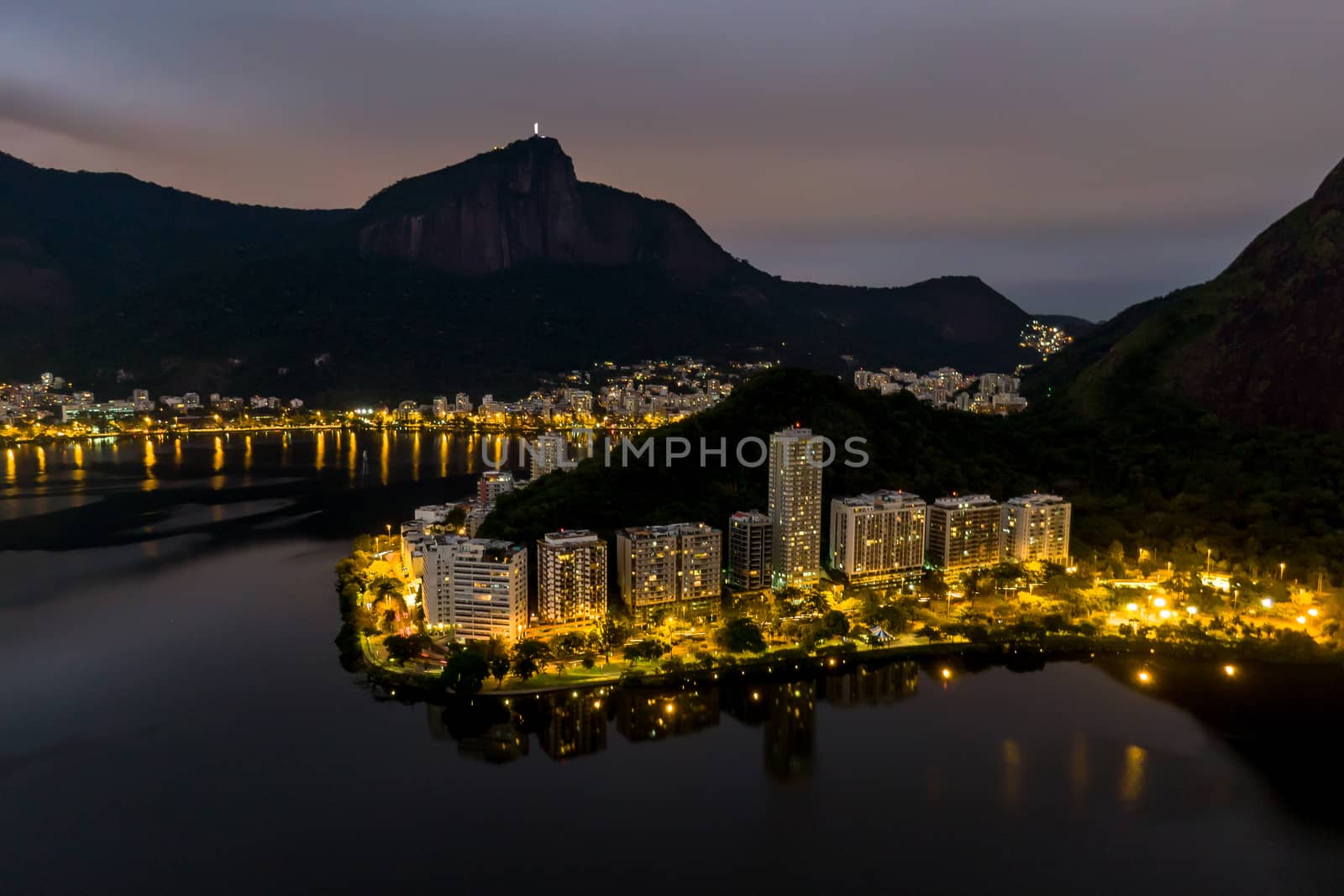 Elite Lagoa district in Rio de Janeiro. Night view from drone