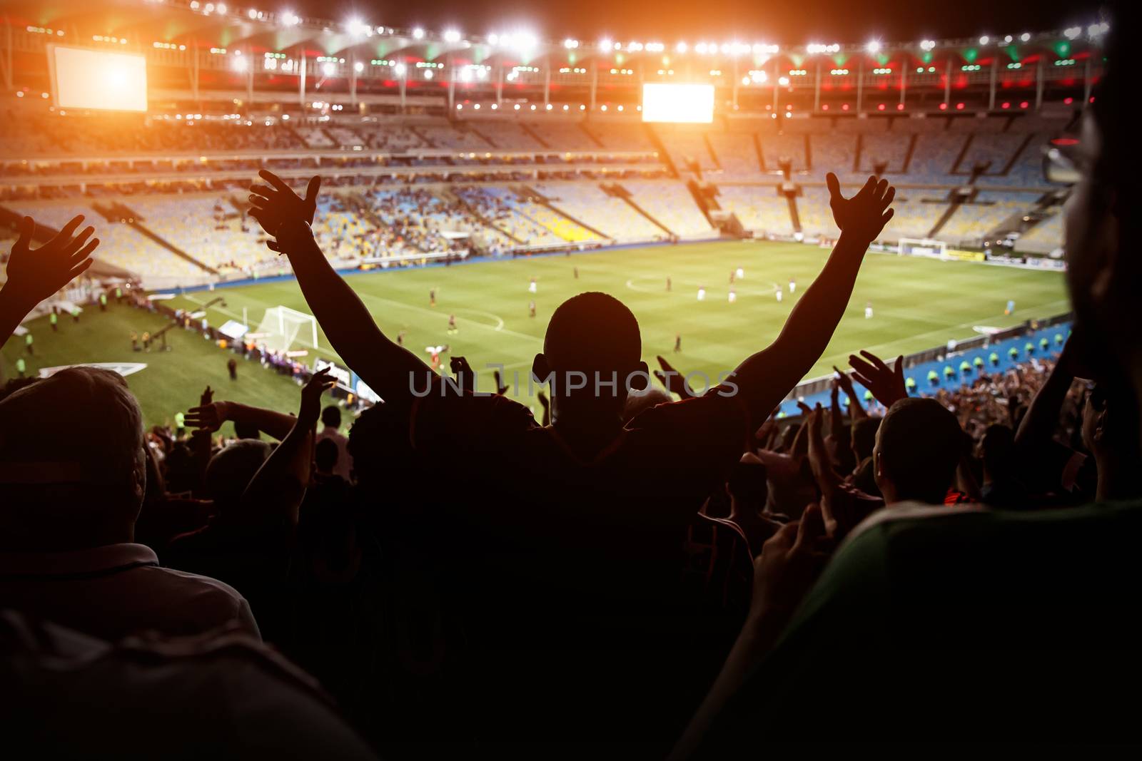 Football, soccer fan support their team and celebrate goal, score, victory. Black silhouette