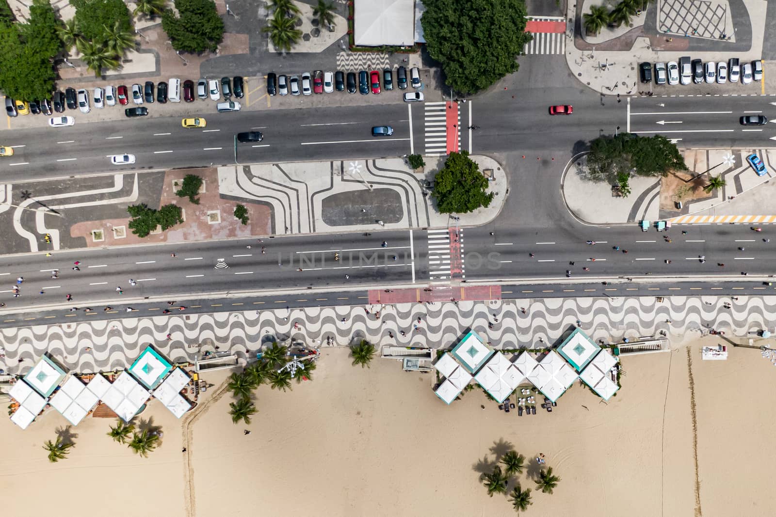 Top View of Copacabana beach with mosaic of sidewalk in Rio de Janeiro. Brazil