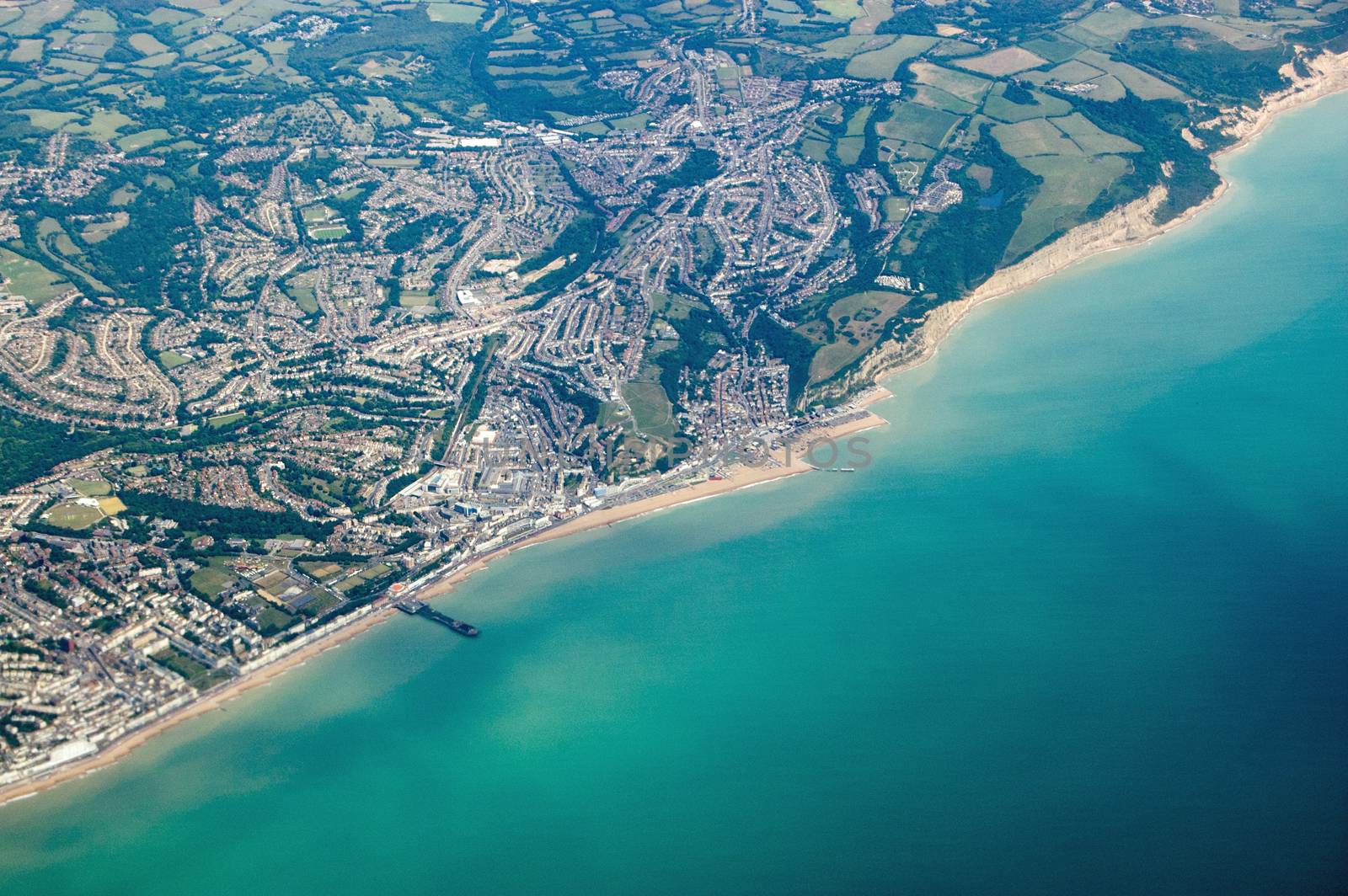 View from above of the seaside town and historic battle site of Hastings, East Sussex, England.