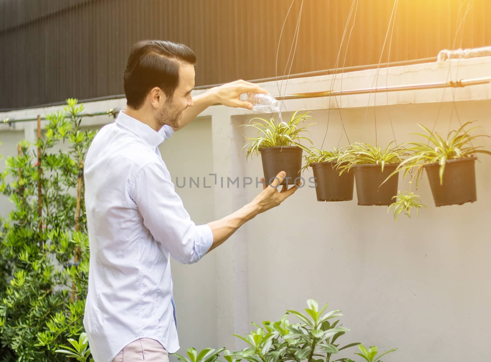 Young men watering plants in potted plants With recyclable plastic bottles When watering the plants, he twisted the plastic bottles to recycle.Young man working in the garden.