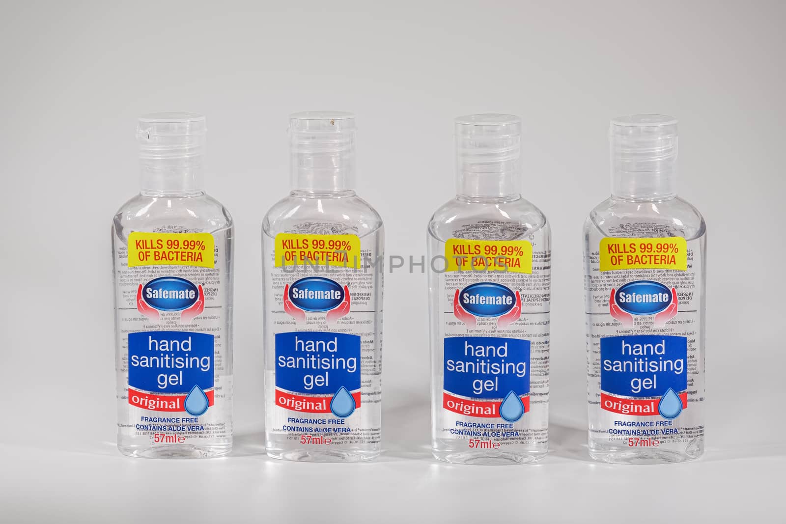 Bottles of Safemate liquid, used as a hand disinfectant to kill bacteria.