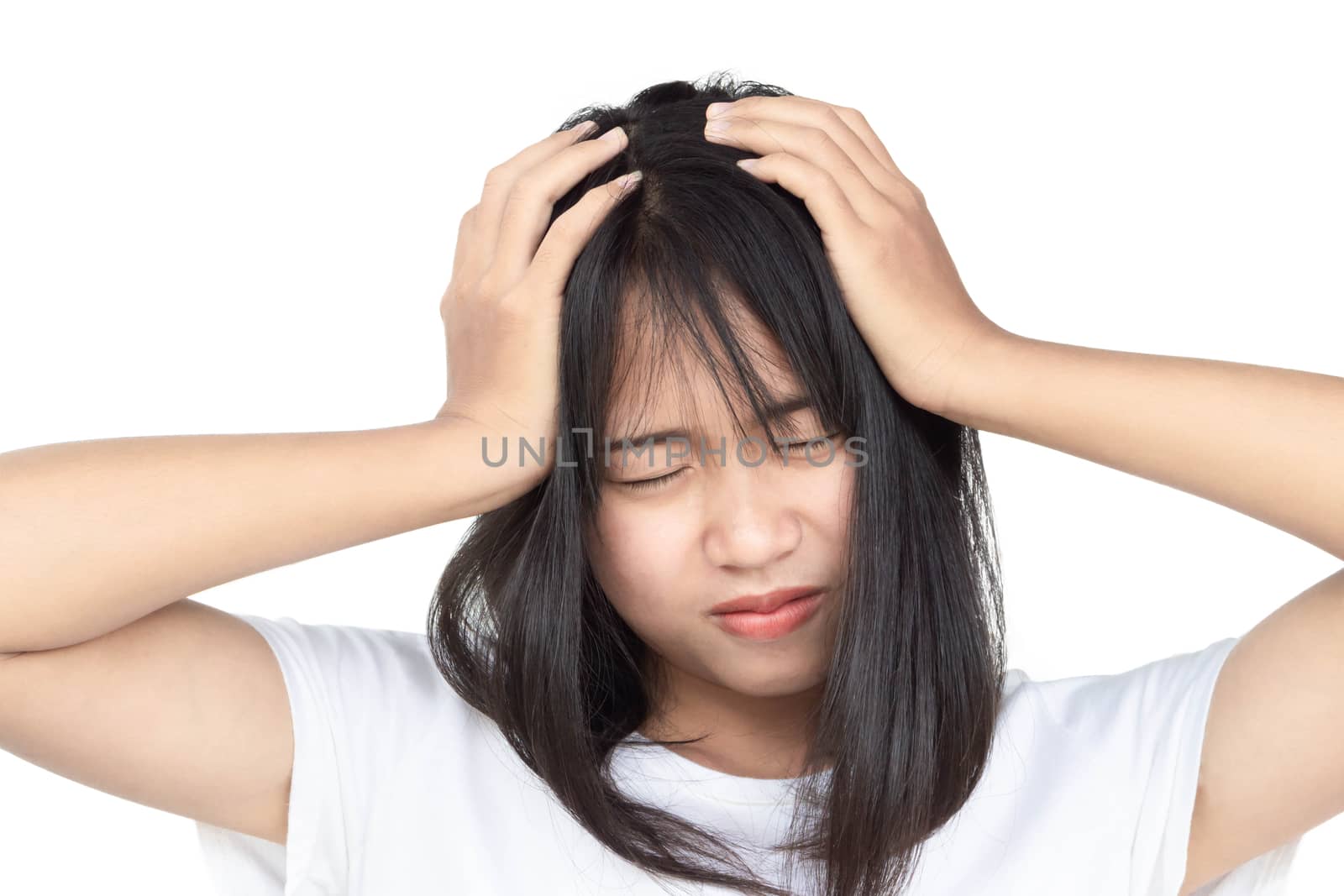 Closeup woman headache and depressed isolated on white background
