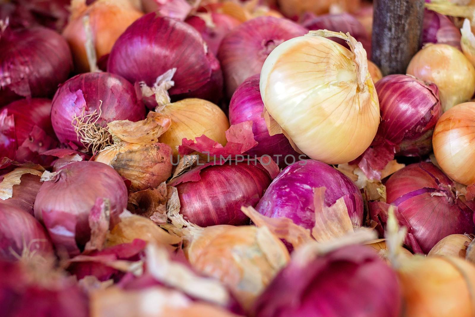 Pile of red and white onions on the green market