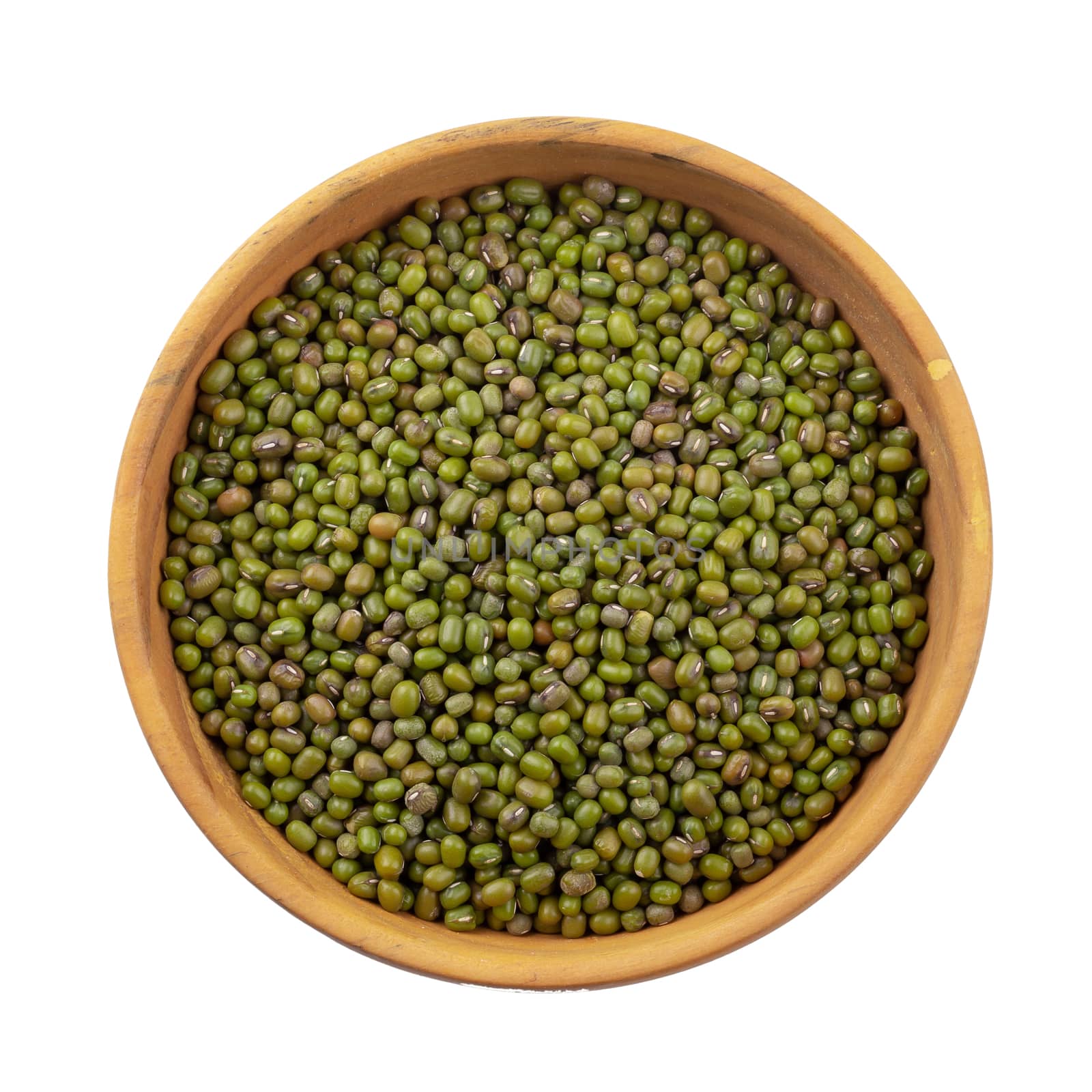 Raw mung bean or green bean in a wooden bowl isolated on white background.