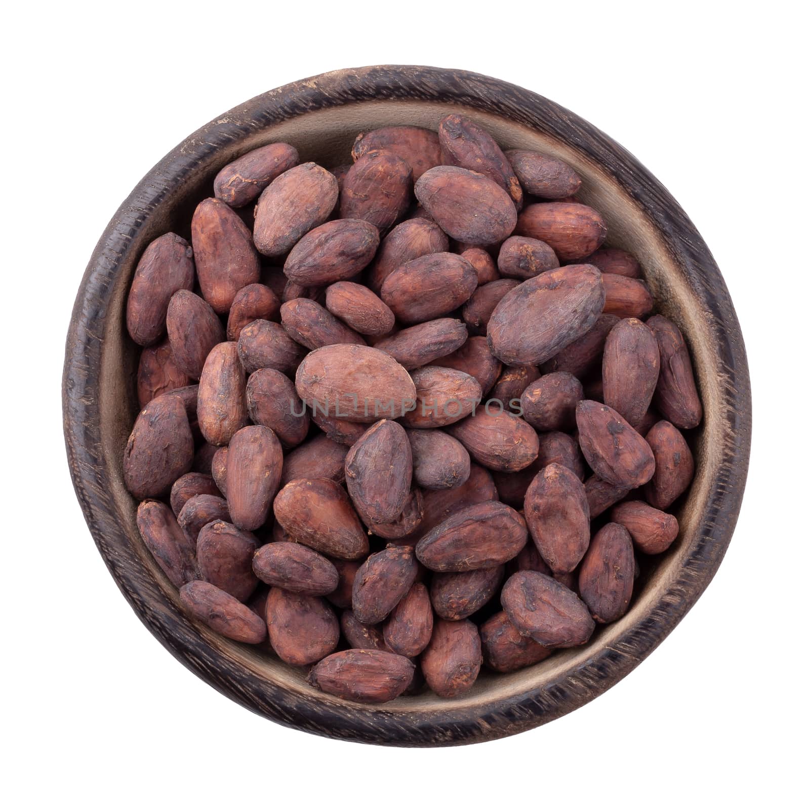 Cocoa fruit in a wooden bowl, raw cacao beans isolated on a whit by kaiskynet