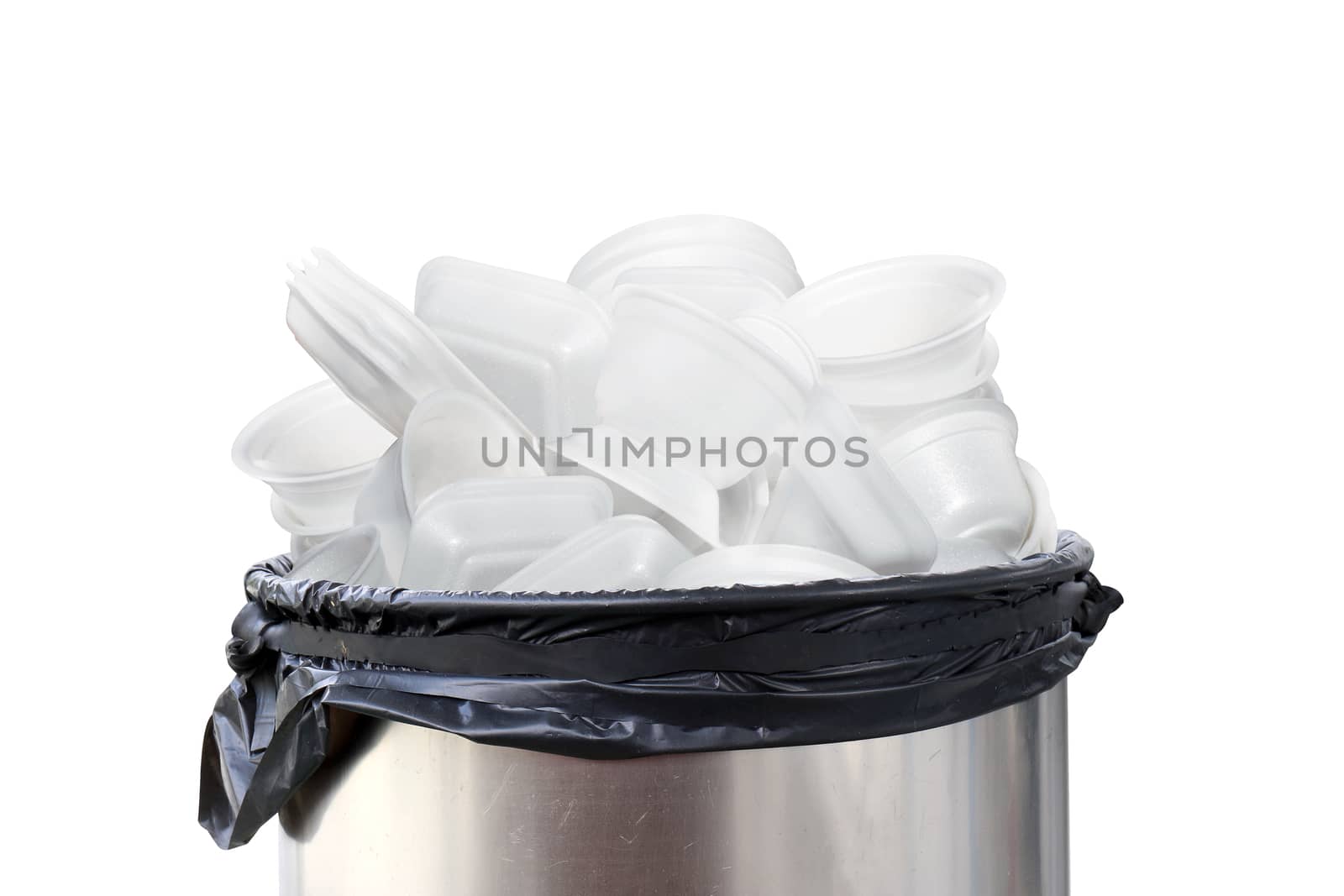 bin of waste foam tray on white background, waste garbage foam food tray white many pile on plastic recycle and bin stainless