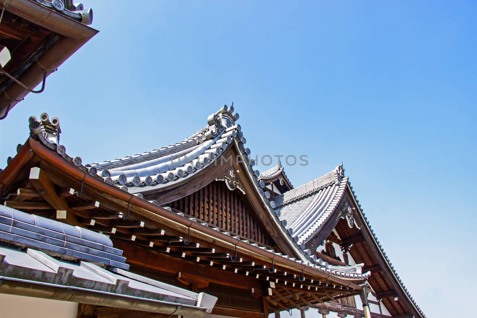 KYOTO, JAPAN - MARCH 13, 2018: Details Of Traditional Wooden Japanese Temple Roof In area Buddhist temple and Park is identity In Kyoto, Japan.