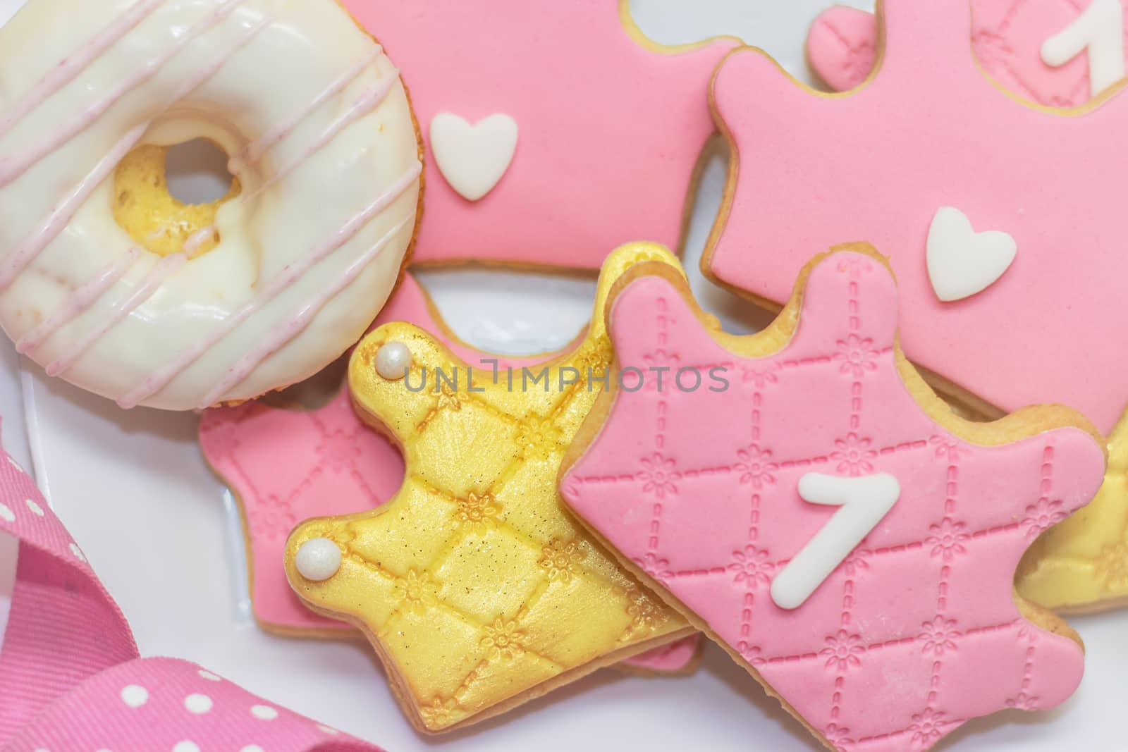 First birthday royal icing cookies - pink and golden crown shape by Mima_Key