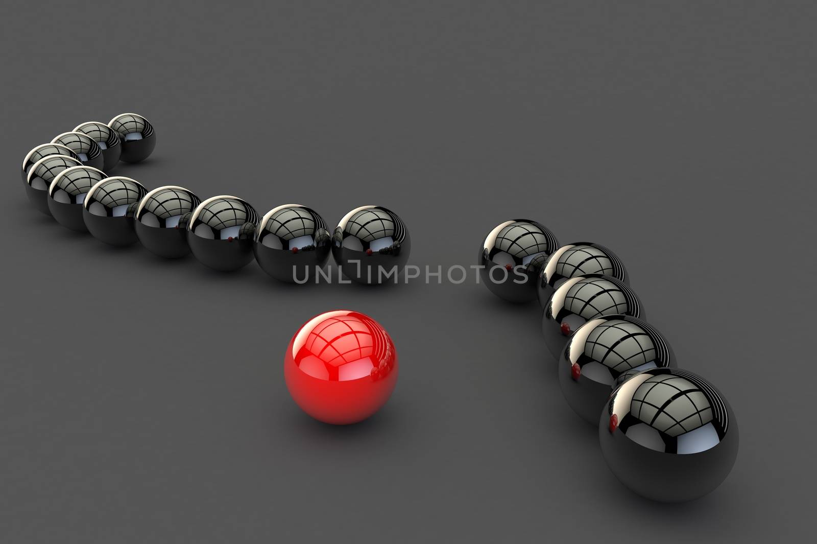 Broken chain of black 3D balls with a reflective coating and a red ball standing separately, standing on a gray surface