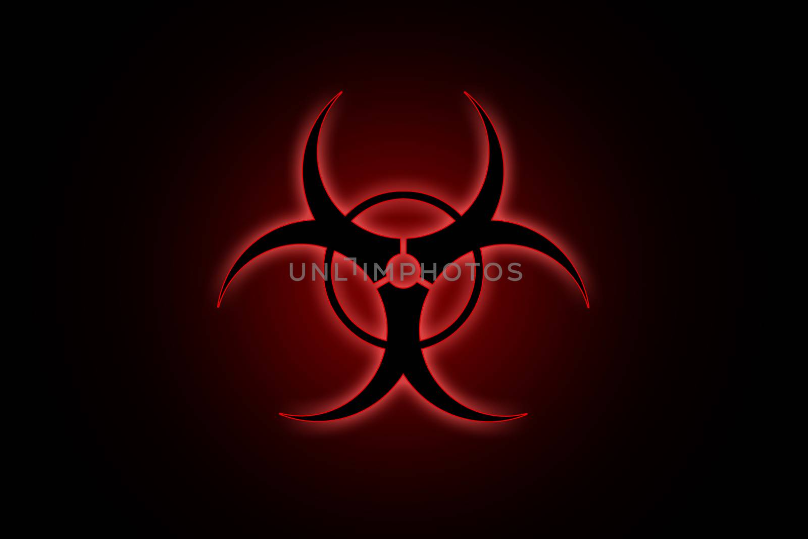 Biohazard sign on black background in red glow